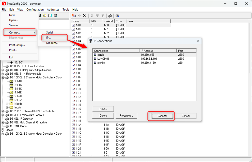 Plusconfig 2000 connect to bus